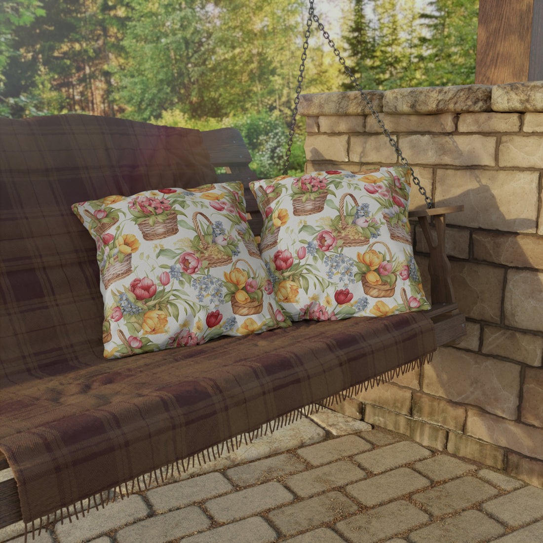 Weaved Baskets with Sunny Colored Flowers Patterned Outdoor Pillows