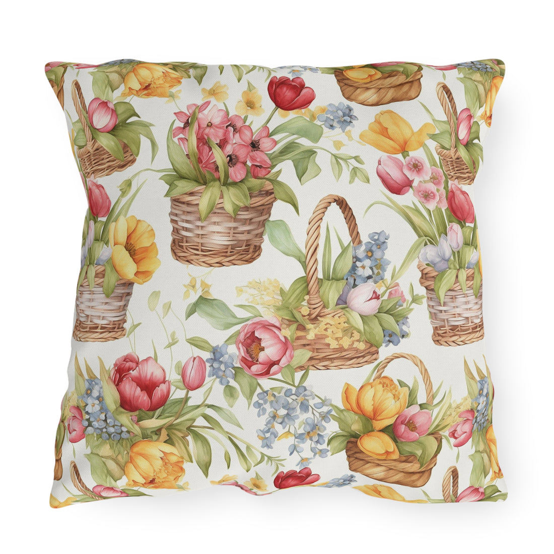 Weaved Baskets with Sunny Colored Flowers Patterned Outdoor Pillows