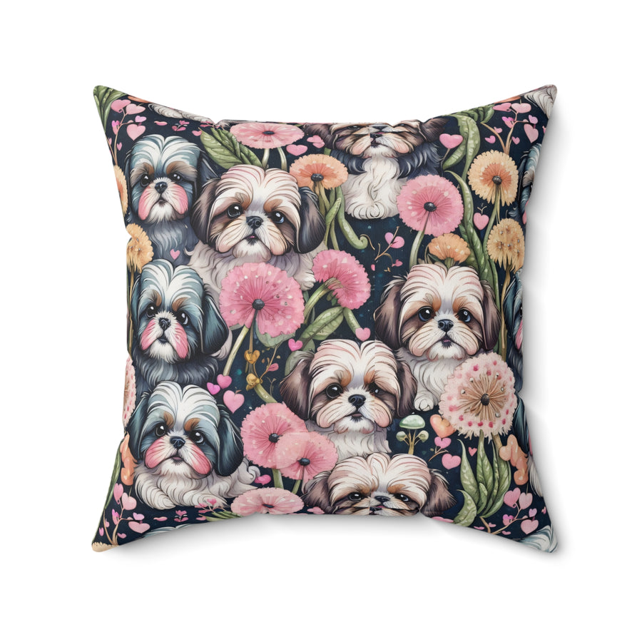 Shih Tzus and Dandelions Spun Polyester Square Throw Pillow