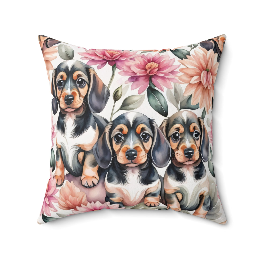 Dahlias and Dachshunds Polyester Square Pillow