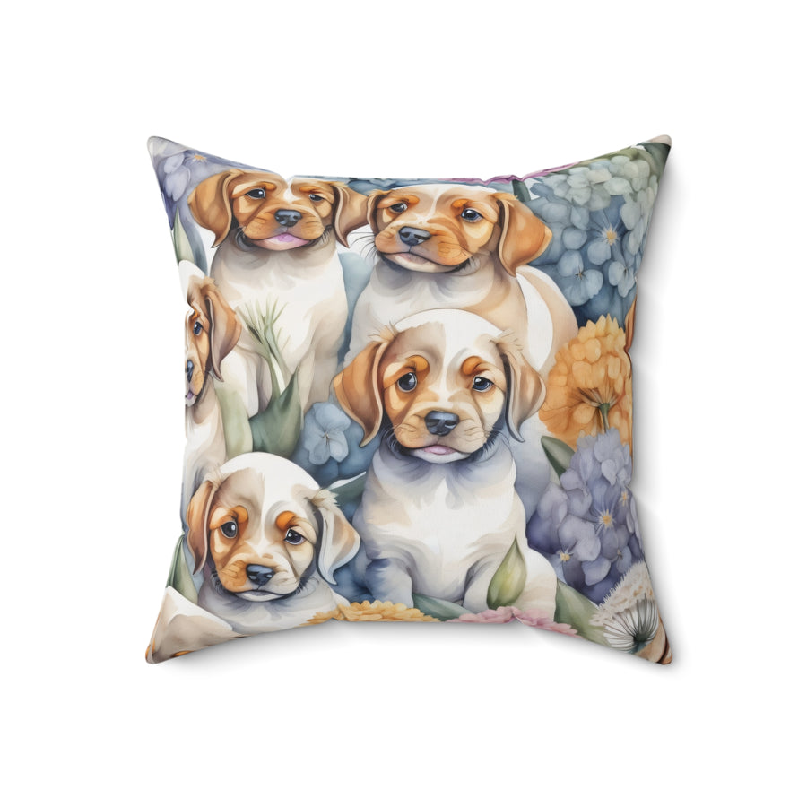 Puppies Playing By The Hydrangea Polyester Square Pillow