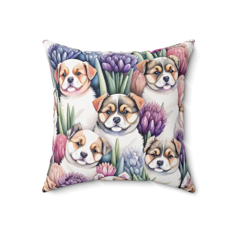 Curious Huskies in Hyacinths Spun Polyester Square Pillow