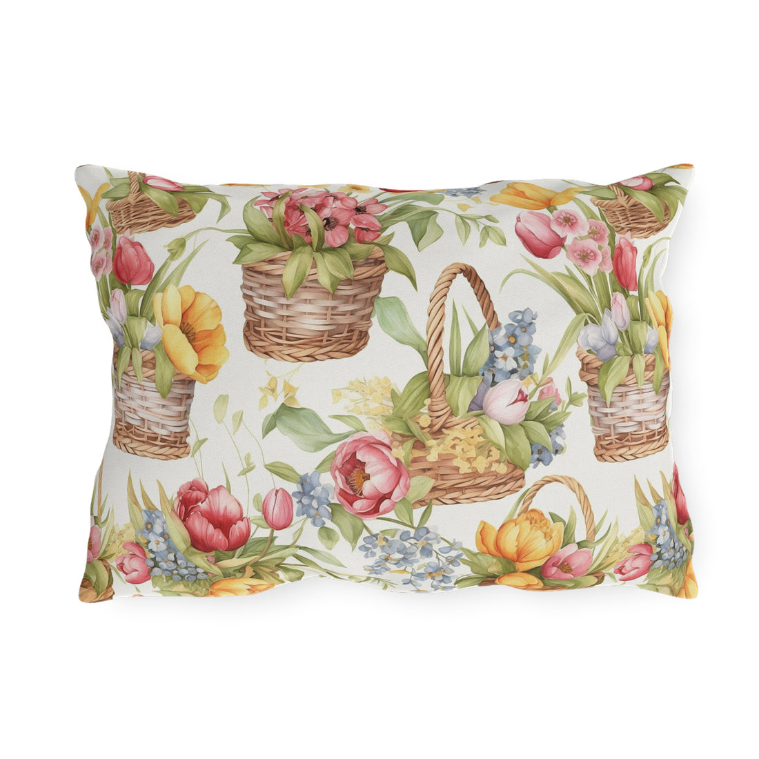 Weaved Baskets with Sunny Colored Flowers Patterned Outdoor Pillows