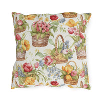 Weaved Baskets with Sunny Colored Flowers Patterned Outdoor Pillows