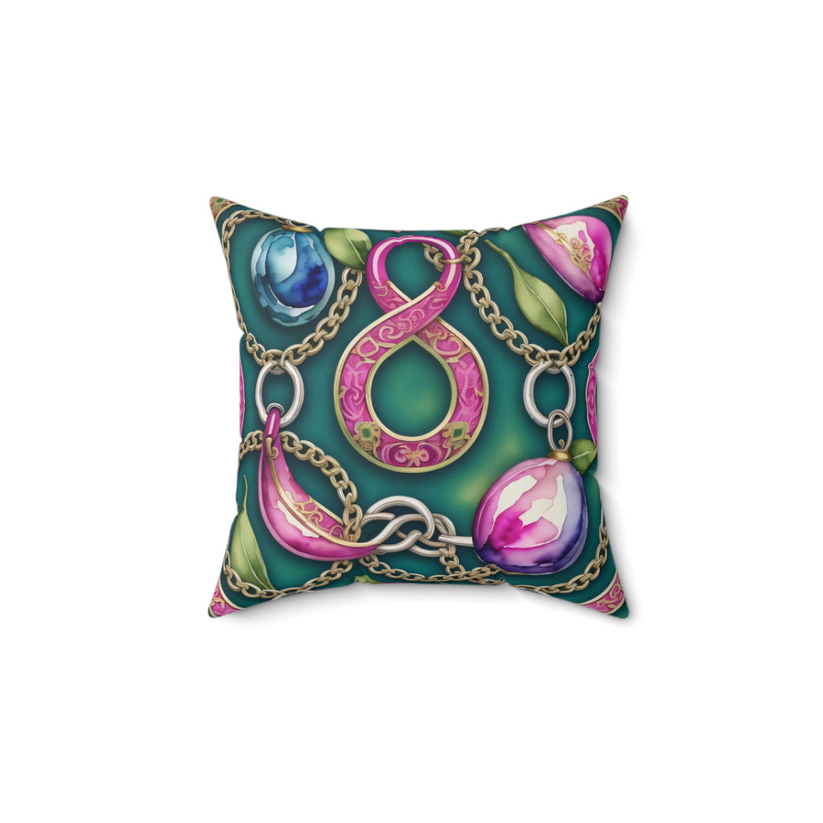 Oriental Remembrance Pink Cloisonné Harmony Spun Polyester Square Pillow with Green Backdrop