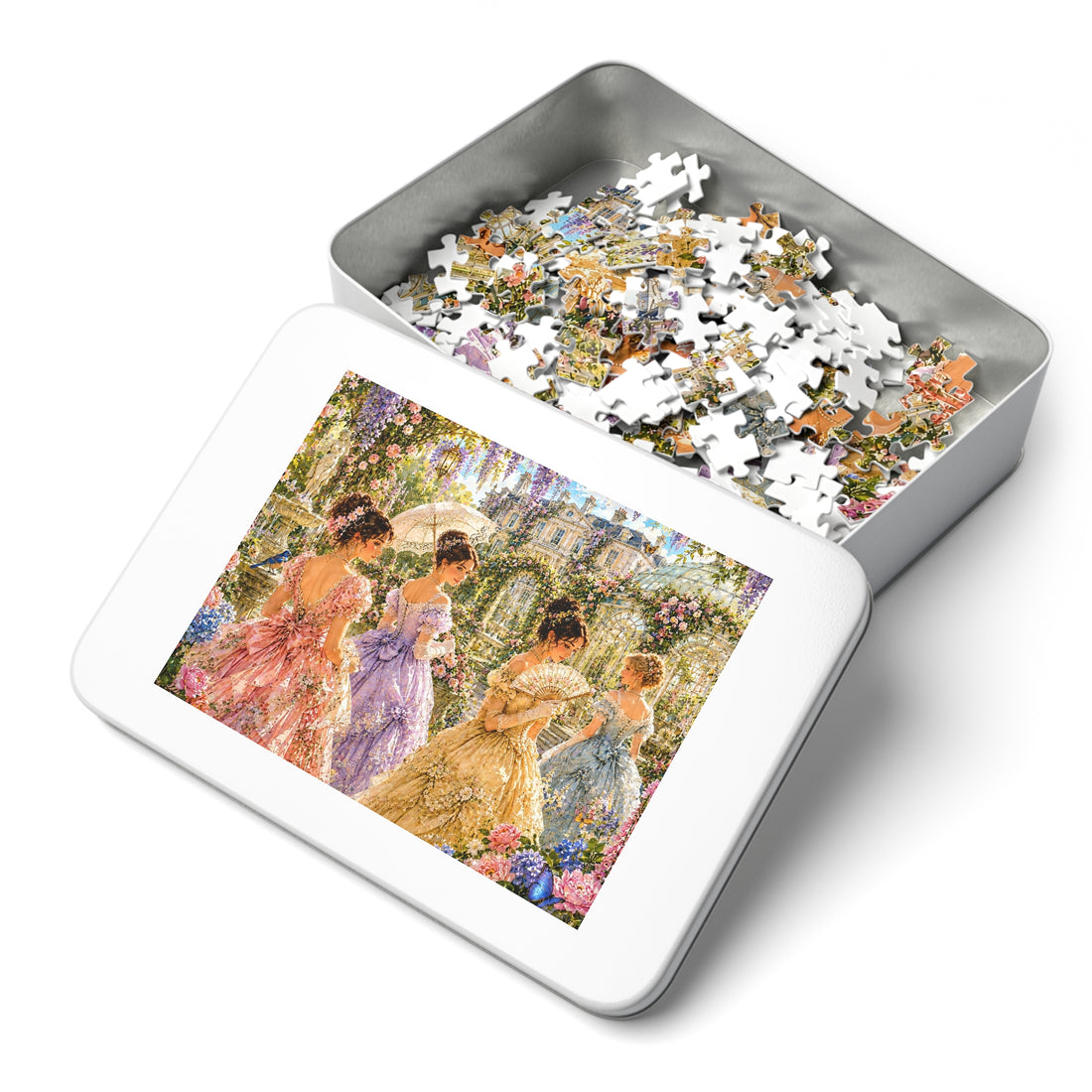 Victorian Garden Scene Jigsaw Puzzle with Tin (252, 500, 1000 puzzle pieces)
