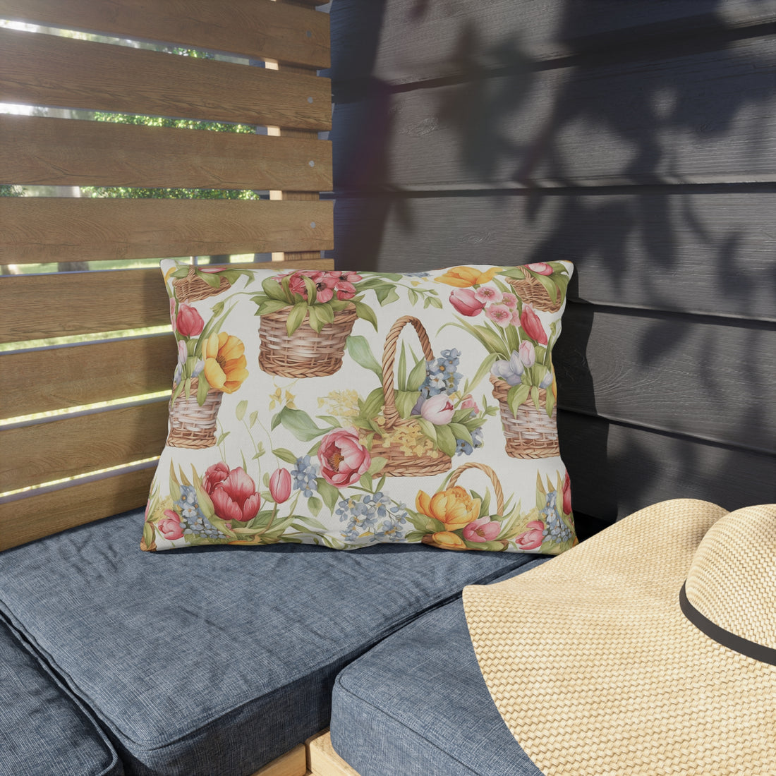 Weaved Baskets with Sunny Colored Flowers Patterned Outdoor Pillows