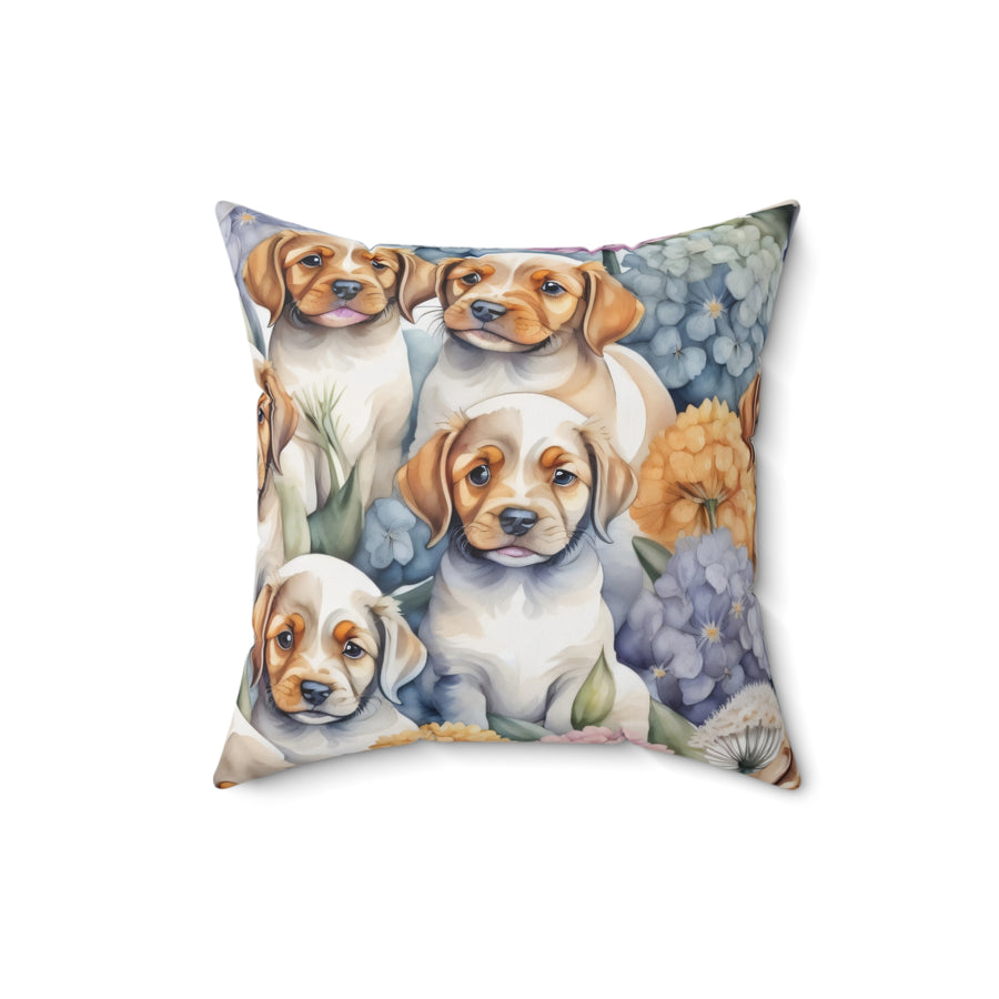 Puppies Playing By The Hydrangea Polyester Square Pillow