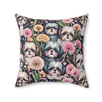 Shih Tzus and Dandelions Spun Polyester Square Throw Pillow