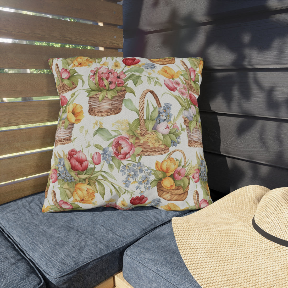 Weaved Baskets with Sunny Colored Flowers Patterned Outdoor Pillows