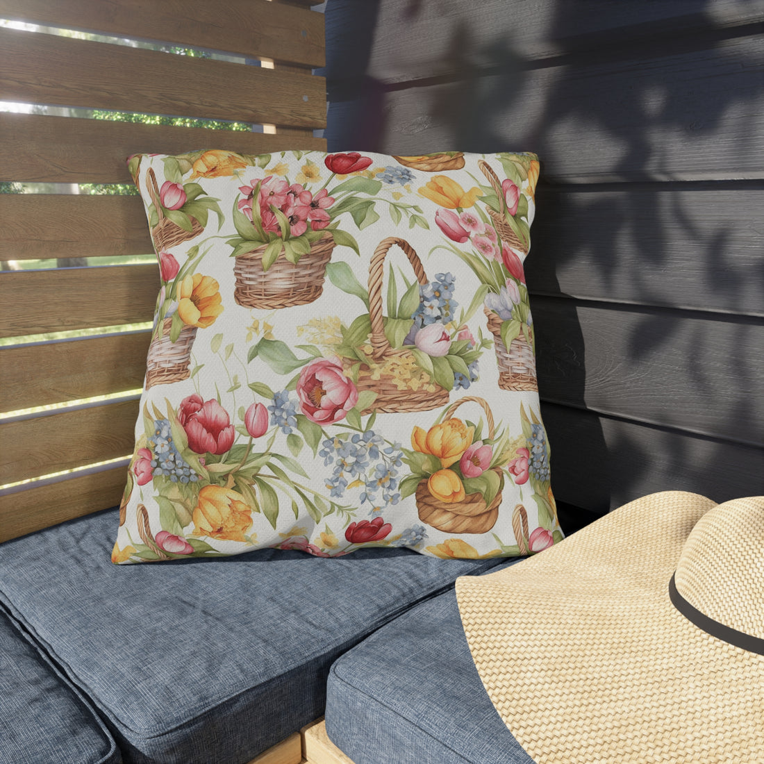 Weaved Baskets with Sunny Colored Flowers Patterned Outdoor Pillows