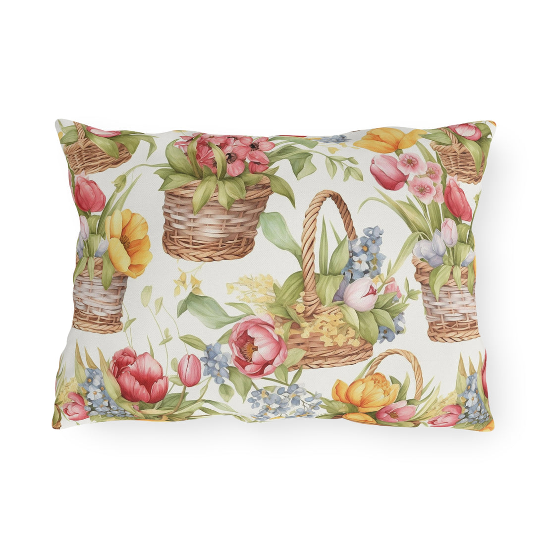 Weaved Baskets with Sunny Colored Flowers Patterned Outdoor Pillows