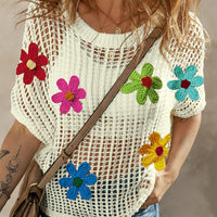 Flower Round Neck Half Sleeve Knit Cover Up