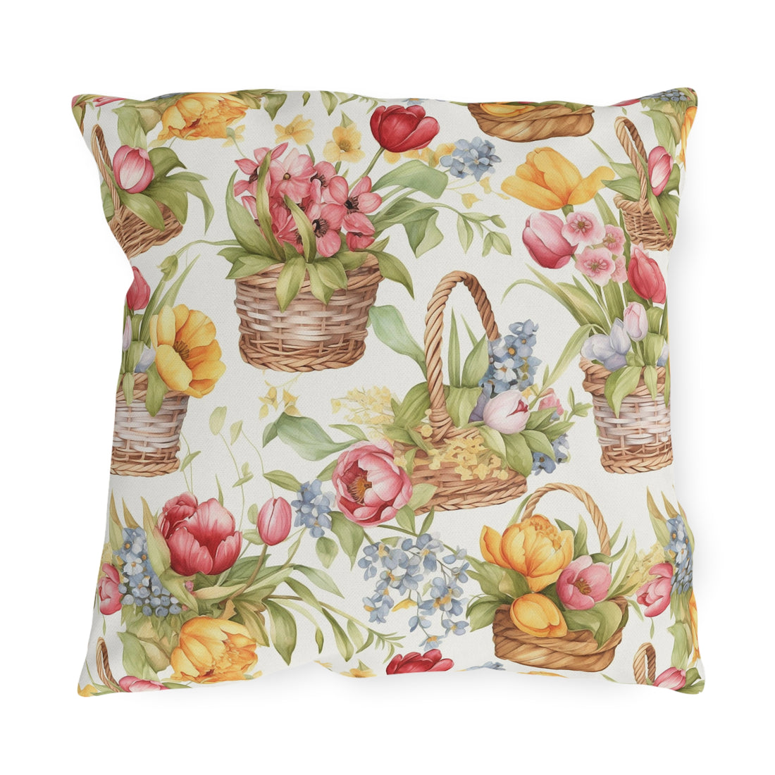 Weaved Baskets with Sunny Colored Flowers Patterned Outdoor Pillows