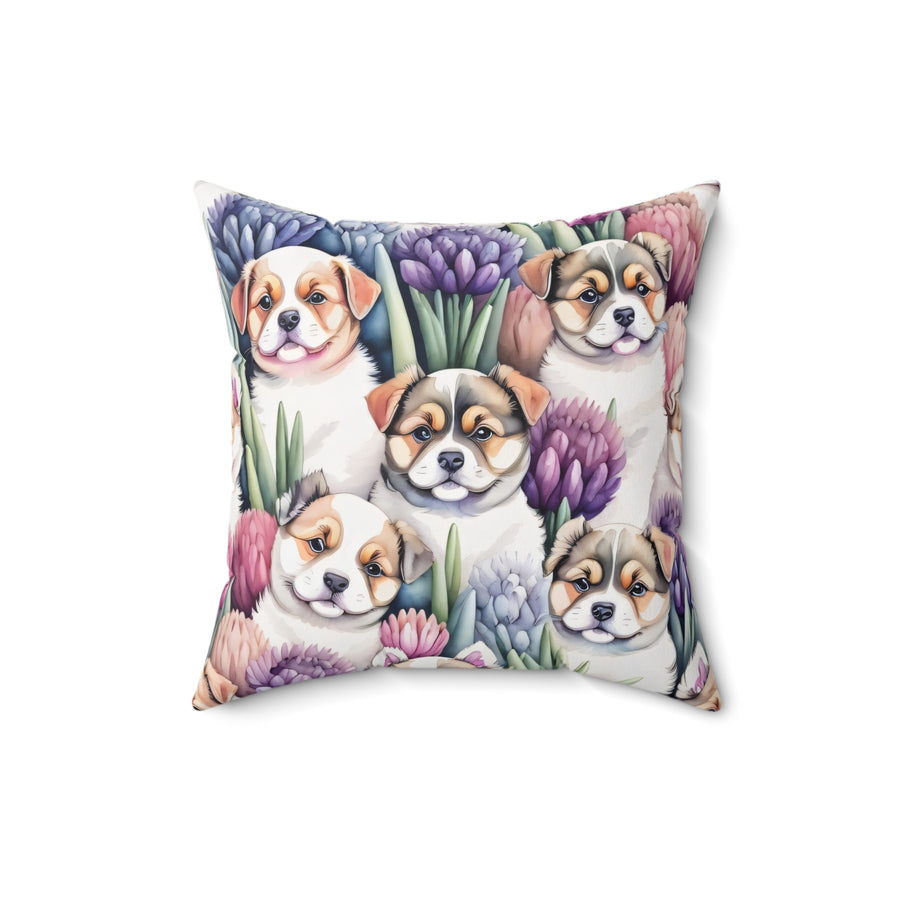 Curious Huskies in Hyacinths Spun Polyester Square Pillow