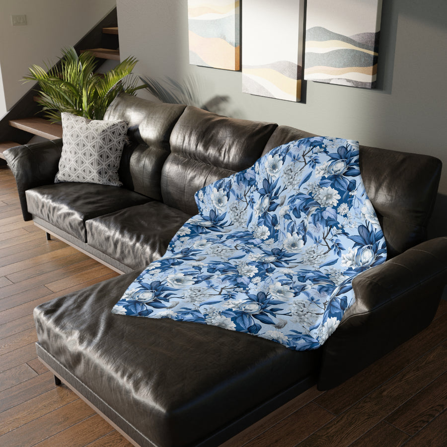 Floral Blue Velveteen Reversible Blanket