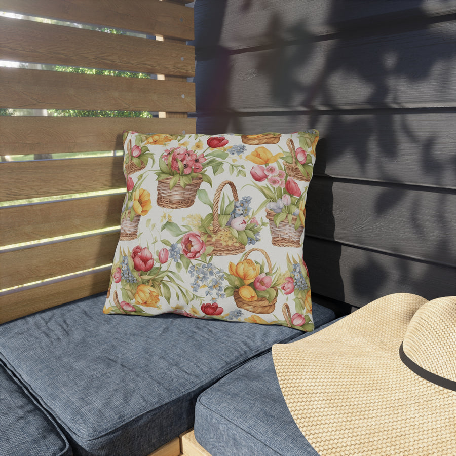 Weaved Baskets with Sunny Colored Flowers Patterned Outdoor Pillows