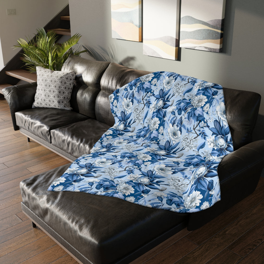 Floral Blue Velveteen Reversible Blanket