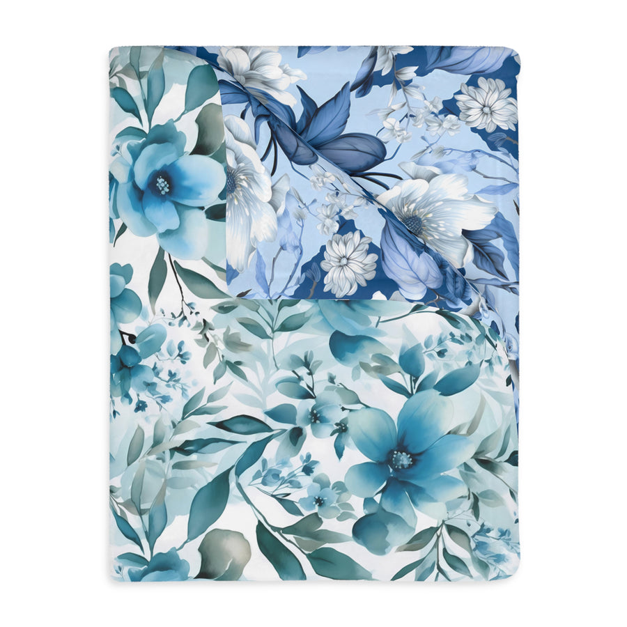 Floral Blue Velveteen Reversible Blanket