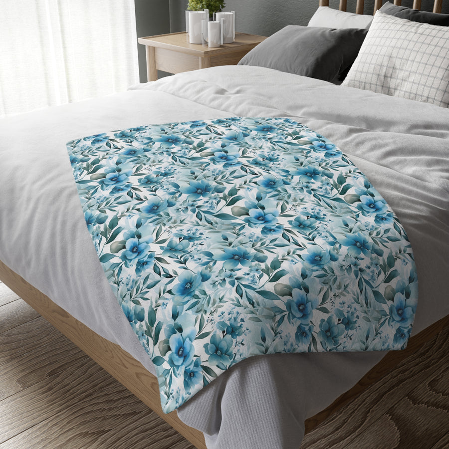 Floral Blue Velveteen Reversible Blanket