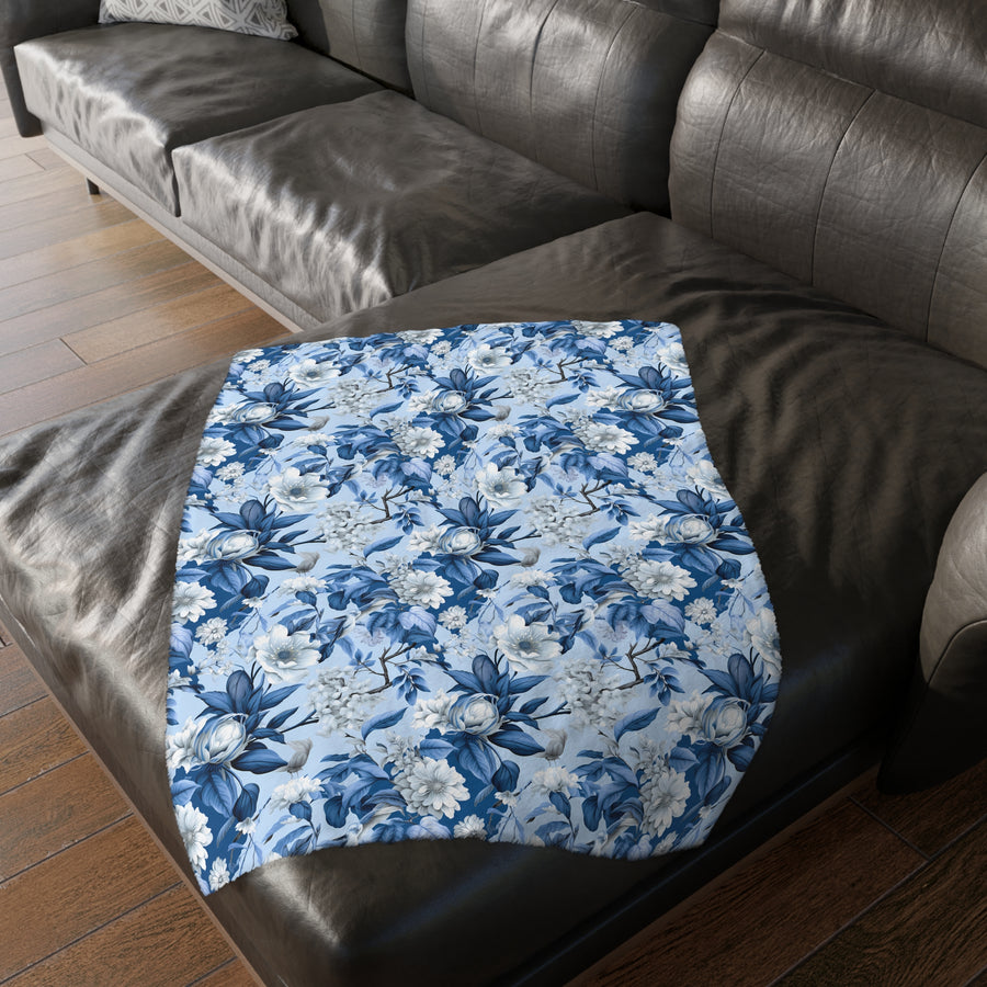 Floral Blue Velveteen Reversible Blanket