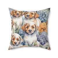 Puppies Playing By The Hydrangea Polyester Square Pillow