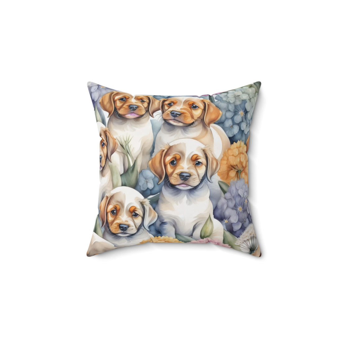 Puppies Playing By The Hydrangea Polyester Square Pillow