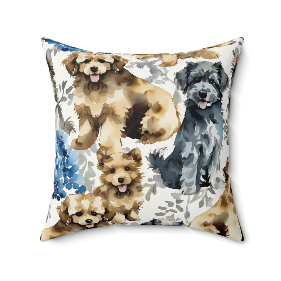 Puppies and Blue Hydrangeas Pillow from Yumigara