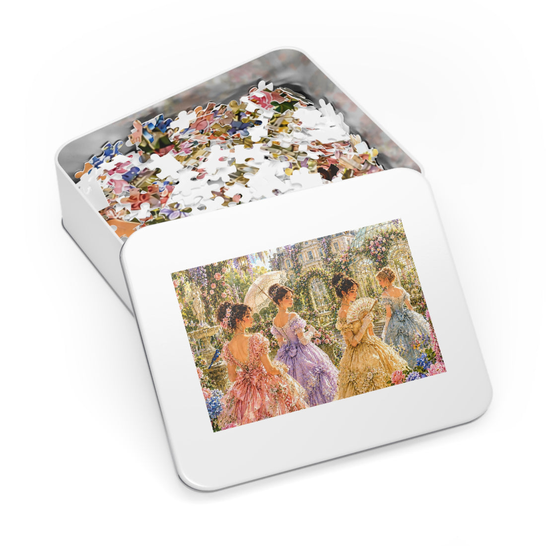 Victorian Garden Scene Jigsaw Puzzle with Tin (252, 500, 1000 puzzle pieces)