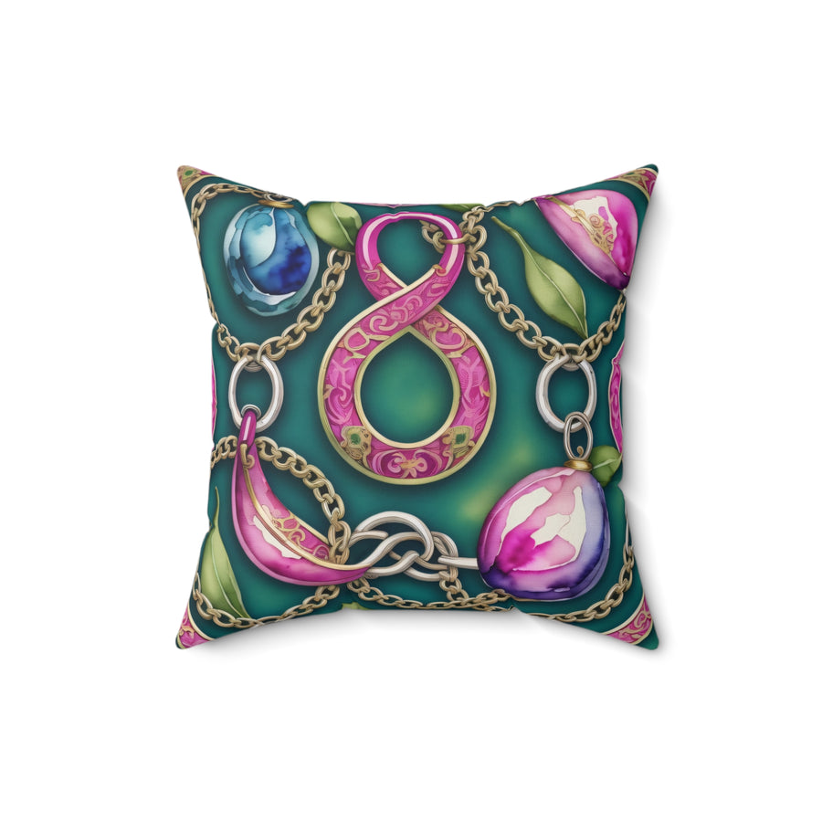 Oriental Remembrance Pink Cloisonné Harmony Spun Polyester Square Pillow with Green Backdrop