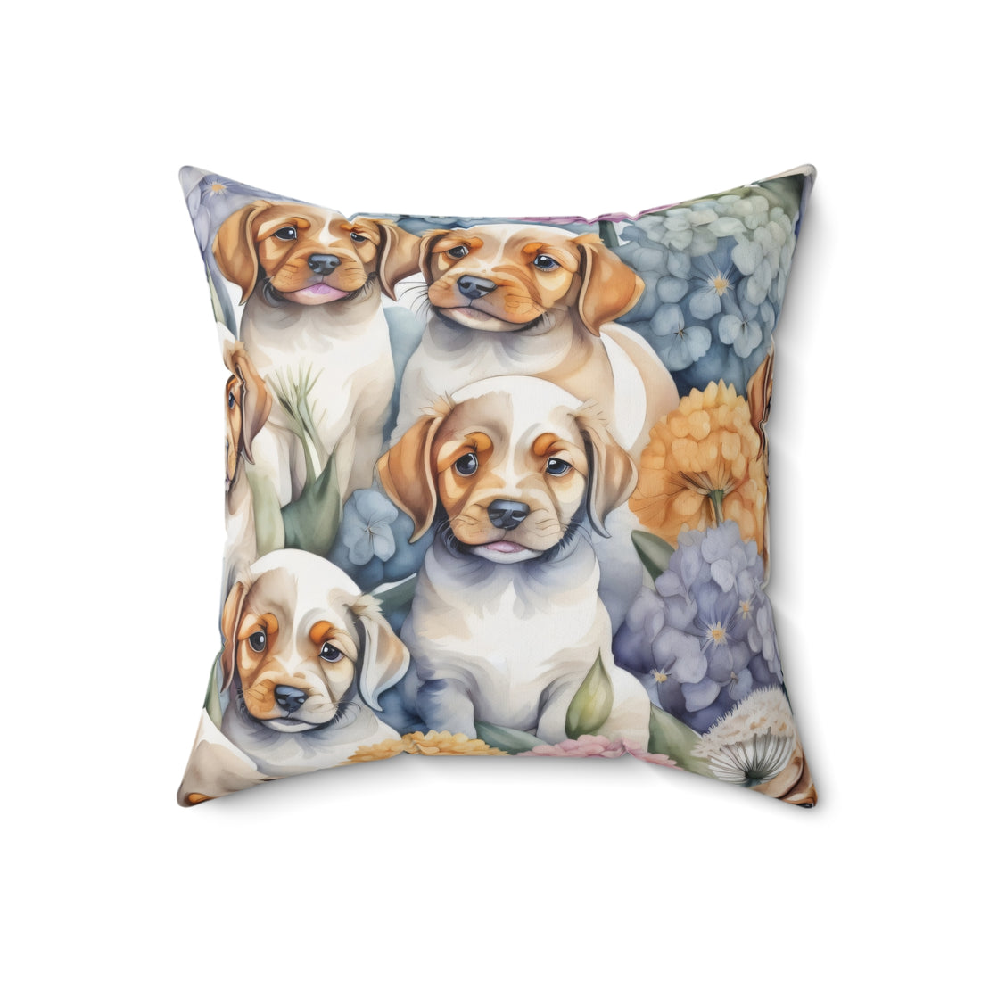 Puppies Playing By The Hydrangea Polyester Square Pillow