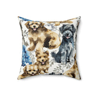Puppies and Blue Hydrangeas Pillow from Yumigara