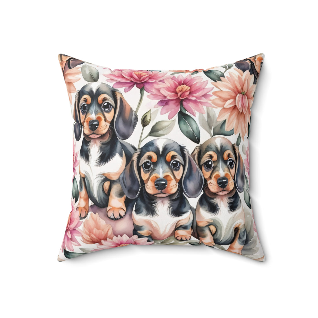 Dahlias and Dachshunds Polyester Square Pillow