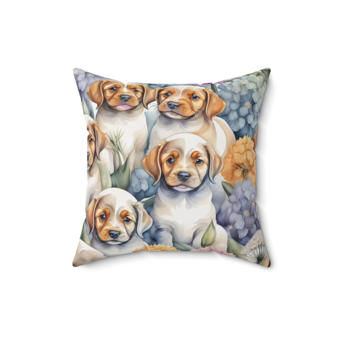 Puppies Playing By The Hydrangea Polyester Square Pillow