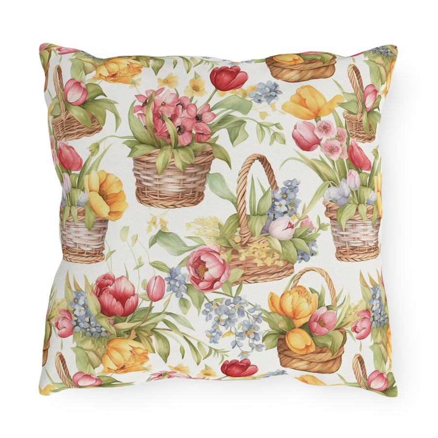 Weaved Baskets with Sunny Colored Flowers Patterned Outdoor Pillows