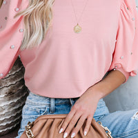 Pearl Detail Round Neck Half Sleeve Blouse