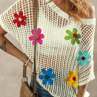 Flower Round Neck Half Sleeve Knit Cover Up