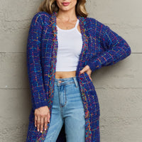 Plaid Fringe Trim Open Front Longline Cardigan