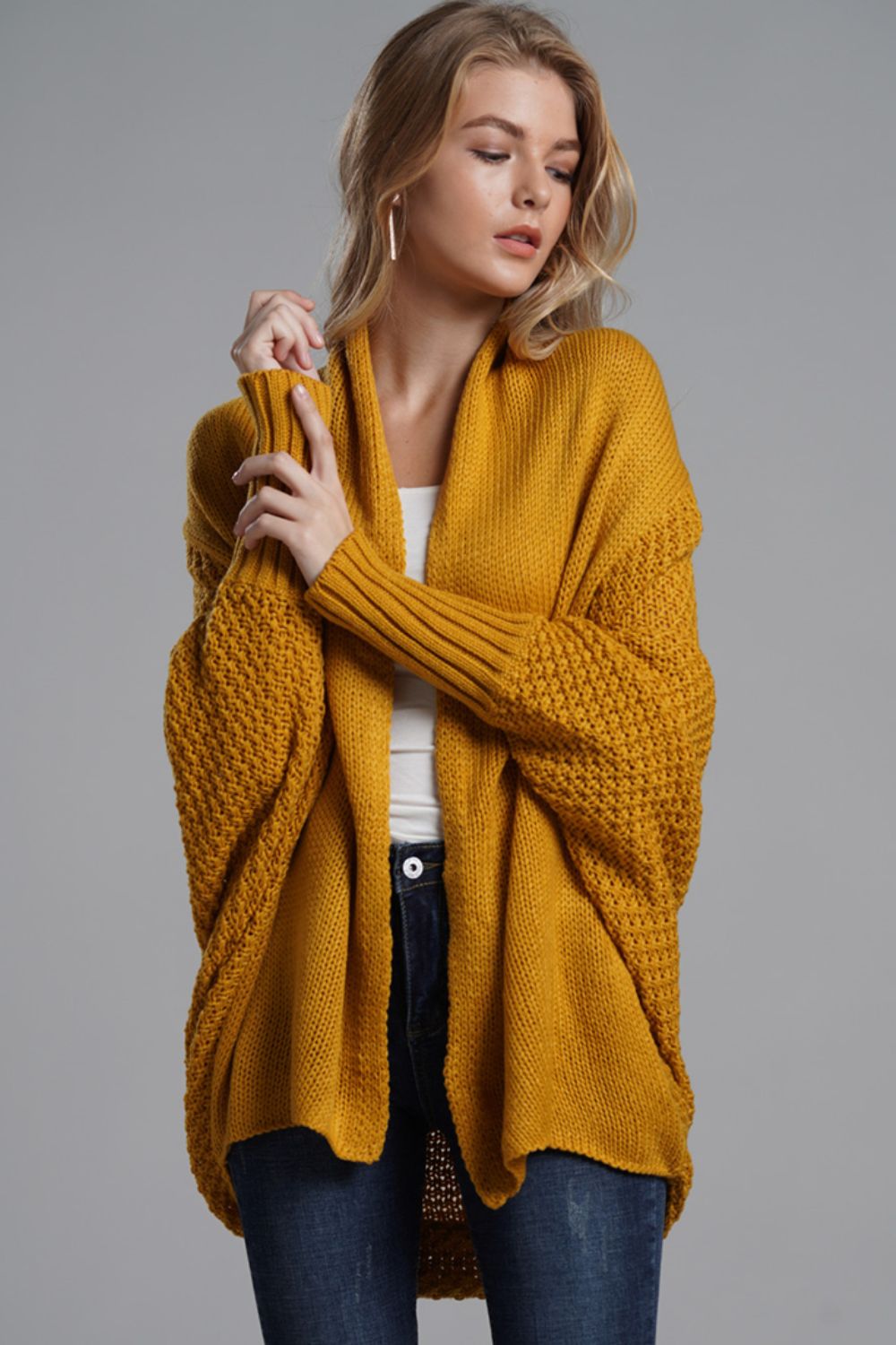 Modern Lady of Elegance Dolman Sleeve Open Front Ribbed Trim Longline Cardigan