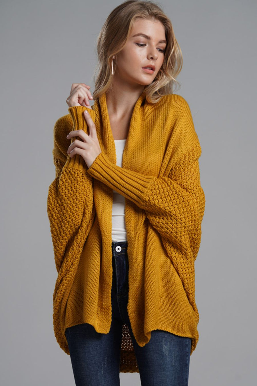 Modern Lady of Elegance Dolman Sleeve Open Front Ribbed Trim Longline Cardigan