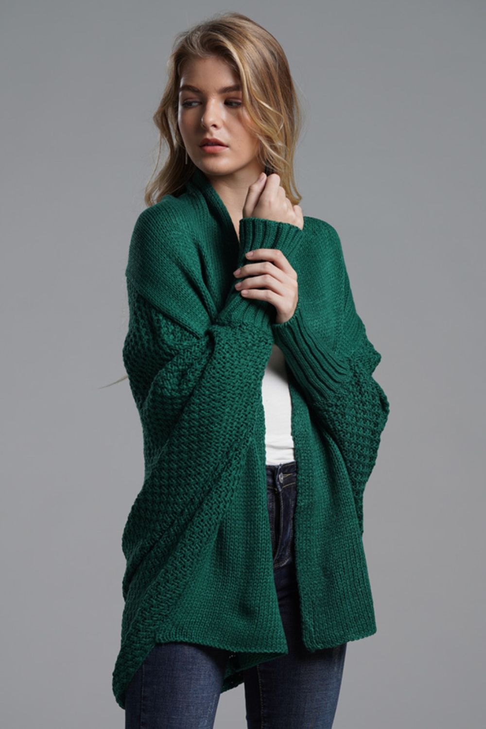 Modern Lady of Elegance Dolman Sleeve Open Front Ribbed Trim Longline Cardigan