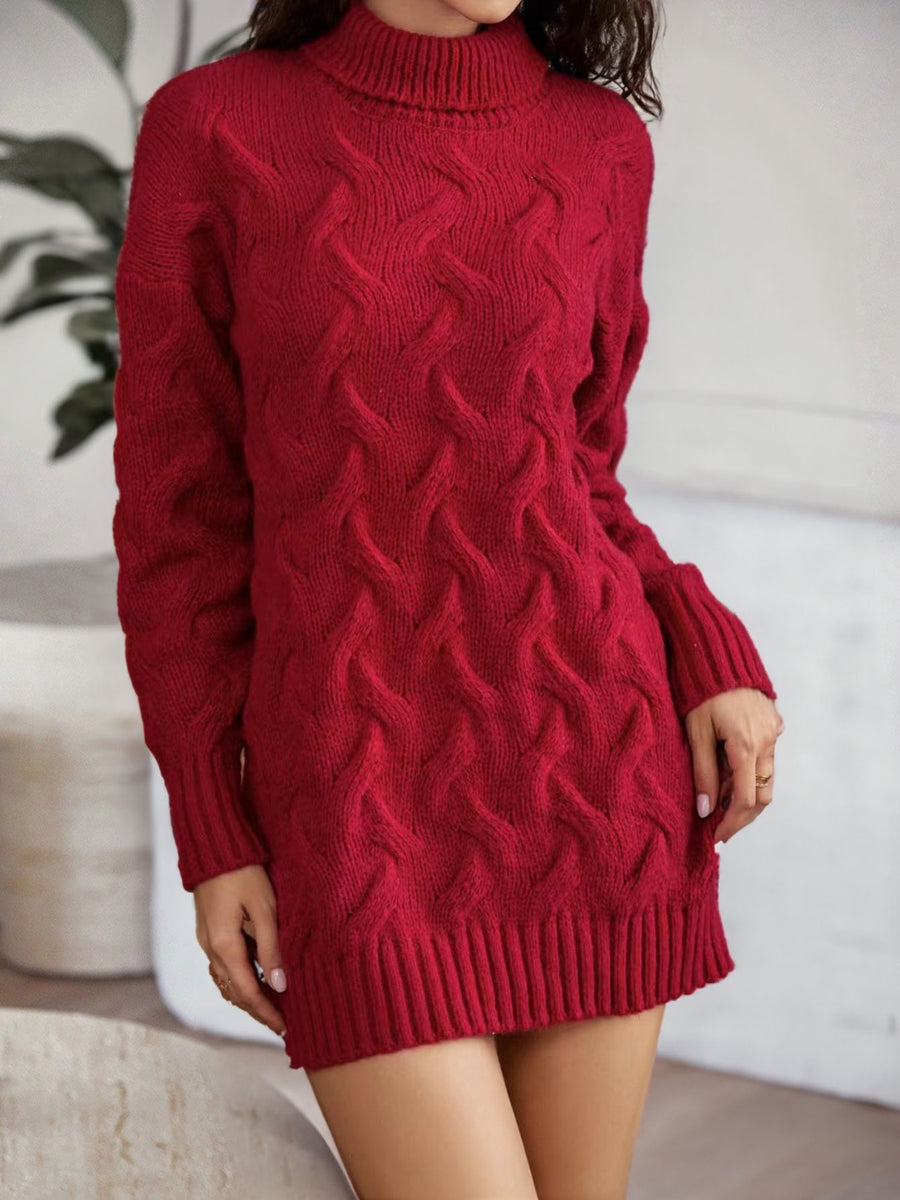 Cable-Knit Turtleneck Sweater Dress