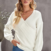 Ribbed Puff Sleeve Surplice Sweater