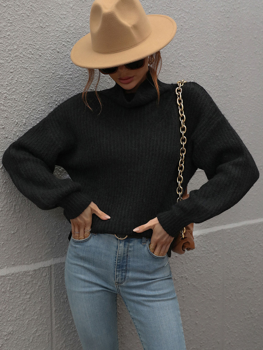 Woven Right High Neck Balloon Sleeve Rib-Knit Pullover Sweater