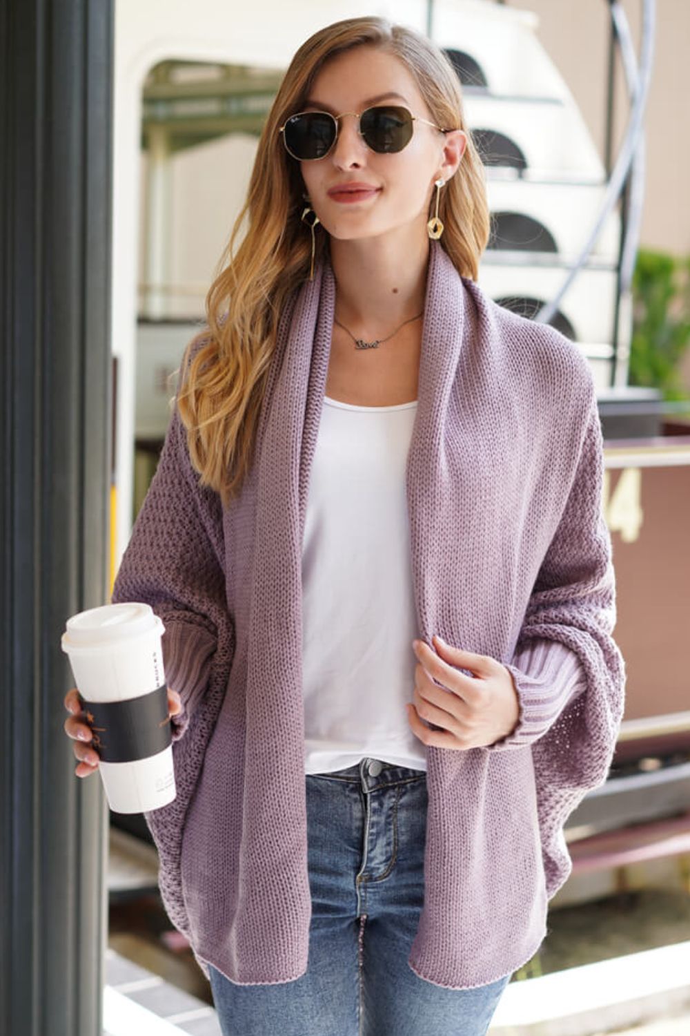 Modern Lady of Elegance Dolman Sleeve Open Front Ribbed Trim Longline Cardigan