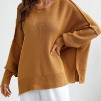 Exposed Seam Dropped Shoulder Slit Sweater