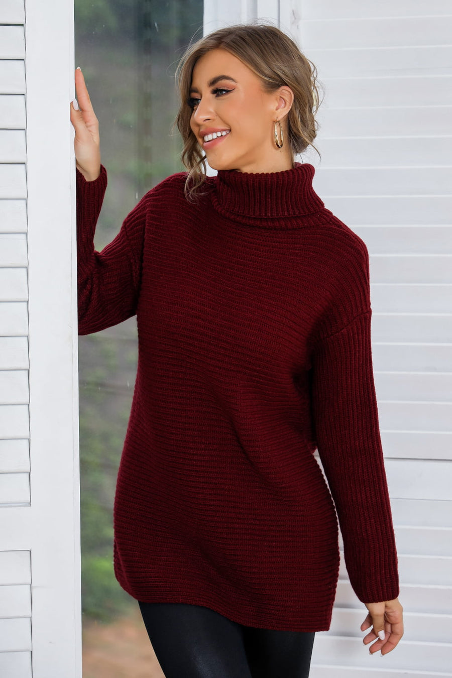 Woven Right Horizontal Ribbing Turtleneck Tunic Sweater
