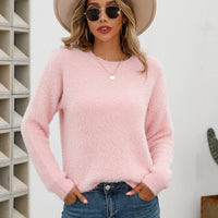 Dropped Shoulder Round Neck Fuzzy Sweater