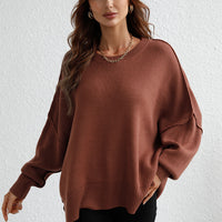 Exposed Seam Dropped Shoulder Slit Sweater