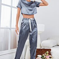 Satin Short Sleeve Crop Top and Joggers Lounge Set